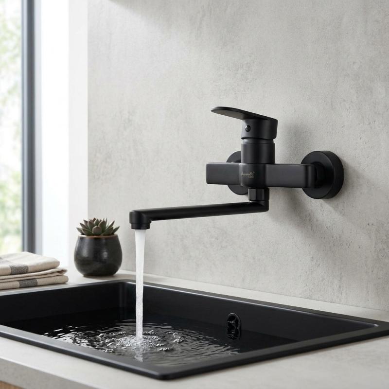 Aquanello Casa Eenhendel Keuken Muurkraan Zwart met uitloop 25 cm BL-1425-CS
